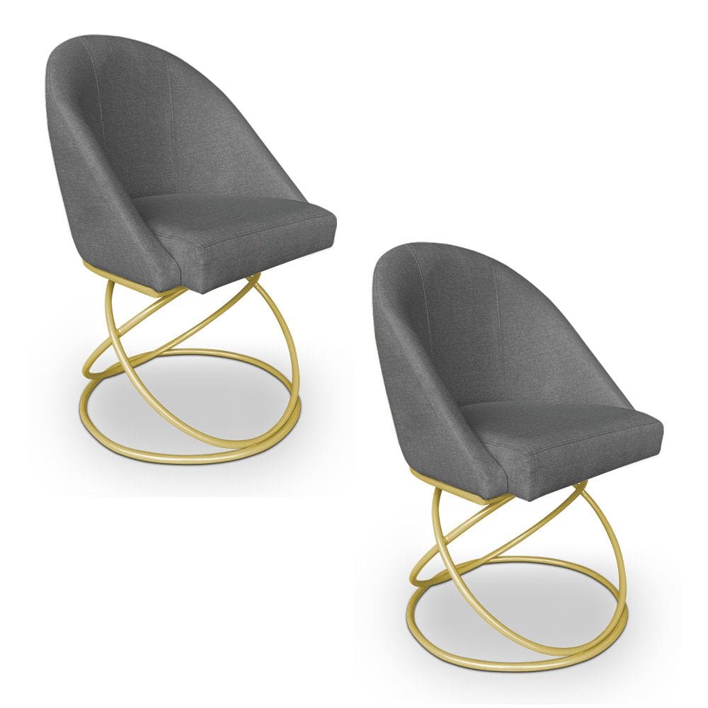 Kit 02 Cadeiras Poltrona de Jantar Bela Linho Grafite Base Metálica Luxo Dourado - Pallazio