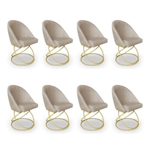 Kit 08 Cadeiras Poltrona de Jantar Bela Linho Bege Base Metálica Luxo Dourado - Pallazio