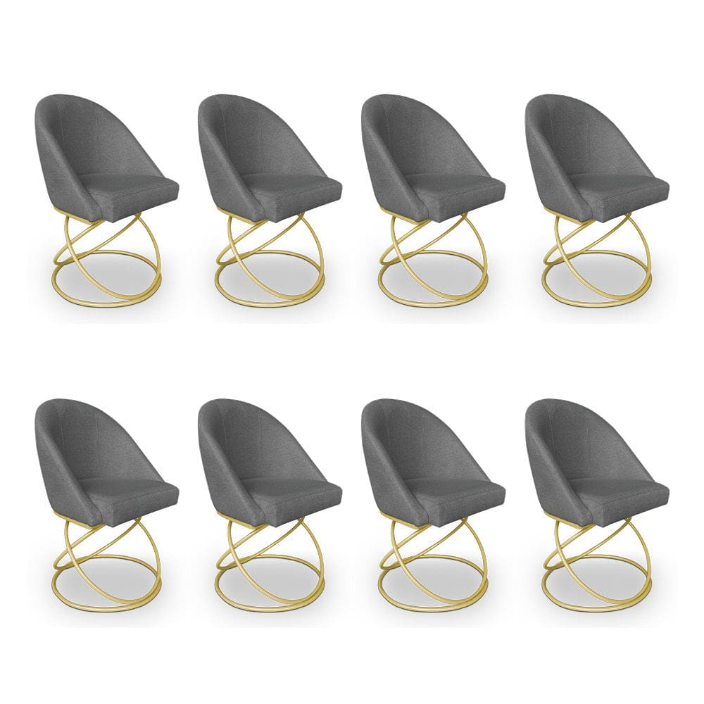 Kit 08 Cadeiras Poltrona de Jantar Bela Linho Grafite Base Metálica Luxo Dourado - Pallazio