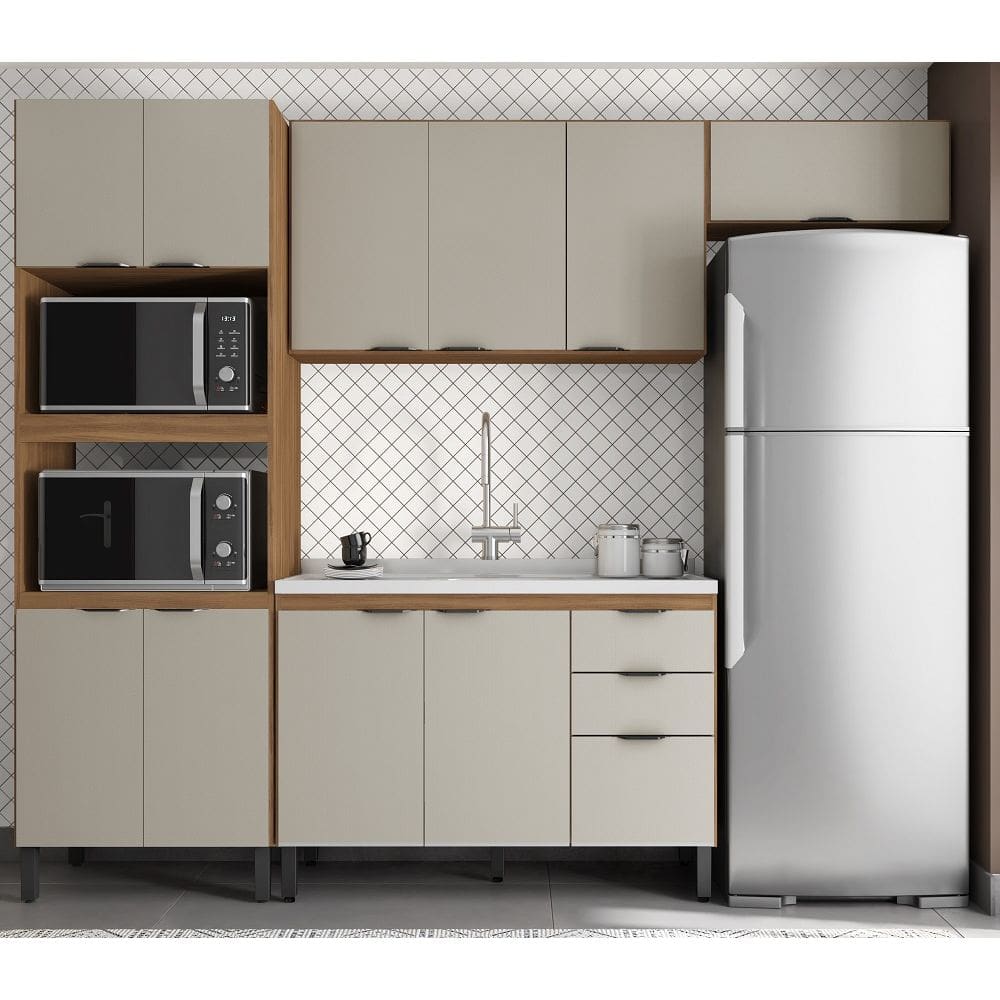 Cozinha Modulada 5 peças com Paneleiro Torre Quente Forno/Microondas Firenze - Amêndola Touch/ Nude Prime TX Demóbile