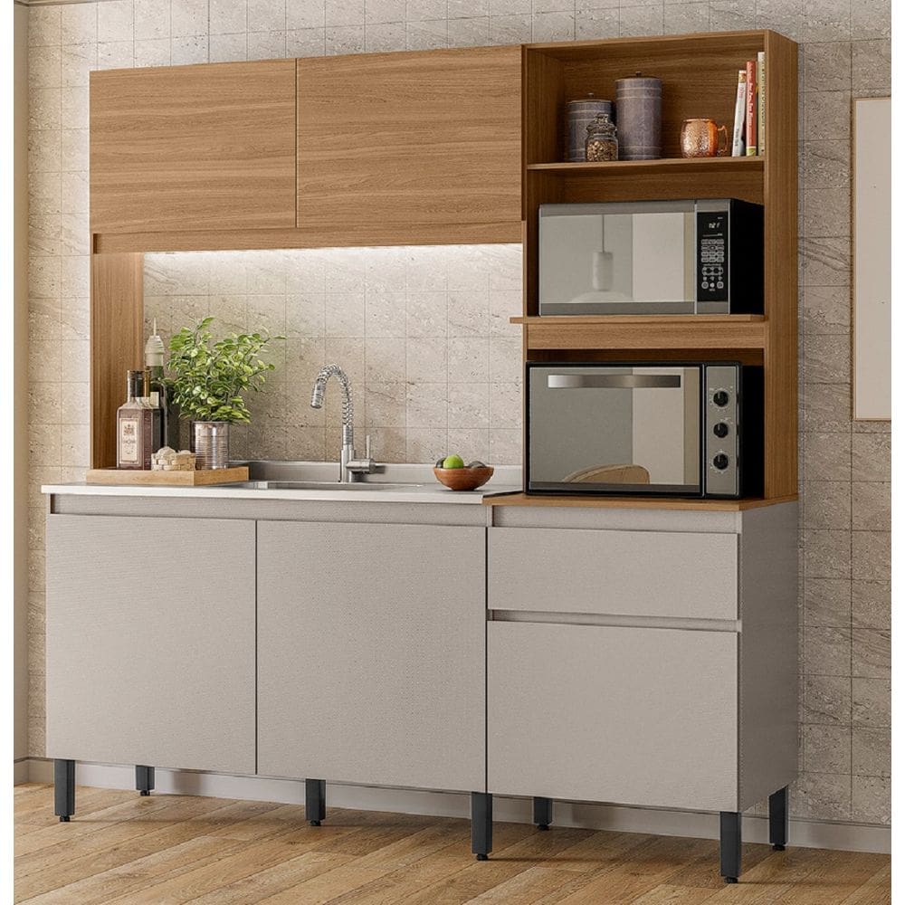 Kit Cozinha Compacta 5 Portas 1 Gaveta com Balcão de Pia 120m sem Tampo/Cuba Amaranto - Amêndola Touch/ Nude Prime TX Demóbile