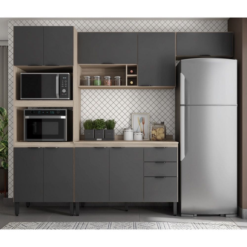 Jogo de Cozinha Modulada Firenze 260m com Nicho P/ Forno e Microondas - Avena Touch/ Grafito Demóbile