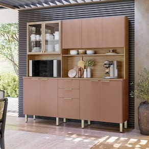 Cozinha Compacta Amora 8 Portas 2 com Vidros Incolor e 2 Gavetas - Amêndola Touch/ Marsala Prime TX Demóbile