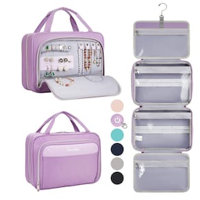 Bolsa de higiene LarHike em couro impermeável pendurada em roxo