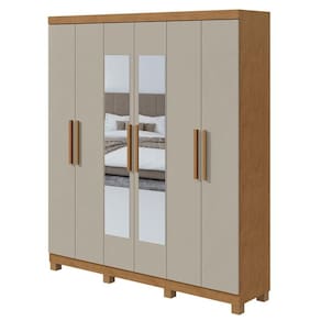 Guarda Roupa Solteiro Jazz 6 Portas Amêndoa Clean Off White com Espelho e Pés - Lopas