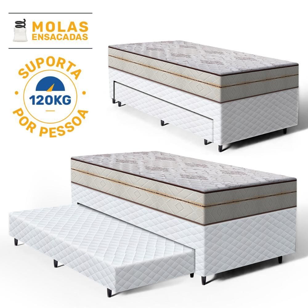 Cama Box com Colchão de Molas Ensacadas Luxury + Auxiliar de Espuma Unique Solteiro 88cm