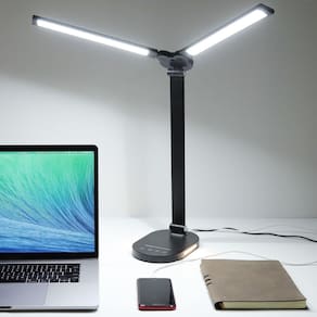 Lâmpada de mesa LED com braço giratório duplo de 14 W com porta USB