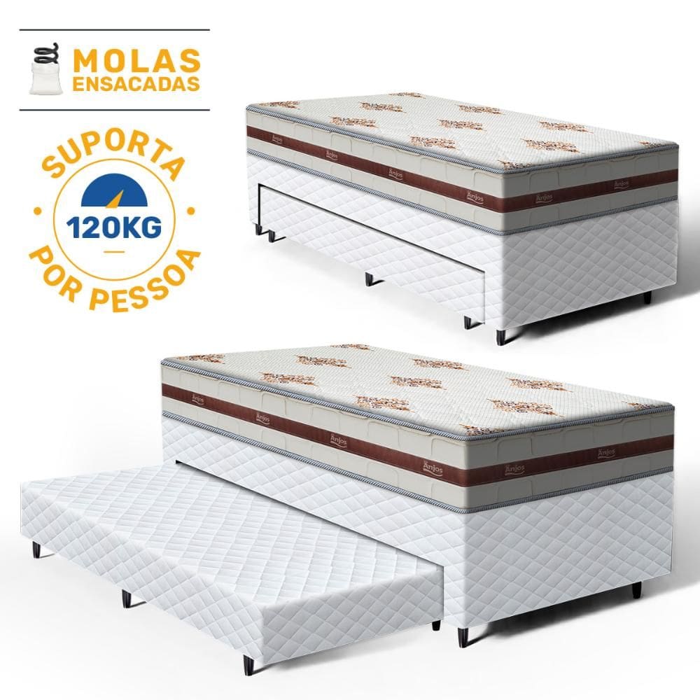 Cama Box com Colchao de Molas Ensacadas Anjos Classic + Auxiliar de Espuma Unique Solteiro 88cm