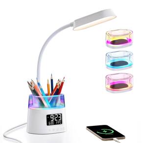 Lâmpada de mesa WILIT LED com suporte para canetas, porta de carregamento USB e relógio
