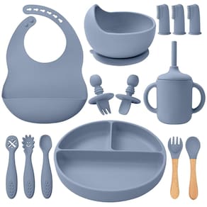 Conjunto de alimentação para bebês Little Rawr Silicone, 14 unidades de 6 meses ou mais, azul, cinza