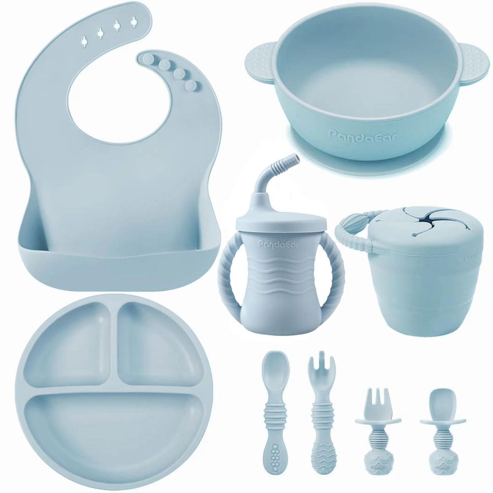 Conjunto de alimentação para bebês PandaEar Silicone 9PCS Self Feeding Blue