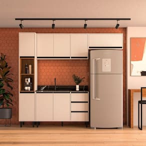 Cozinha 4 Peças Balcão 3 Gavetas 2 Portas Aéreo Basculante Paneleiro sem Tampo Koya Branco/Creme