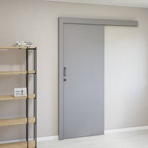 Kit Porta de Madeira de Correr Completa 213cm X 90,5cm X 12cm Batente Cinza TX