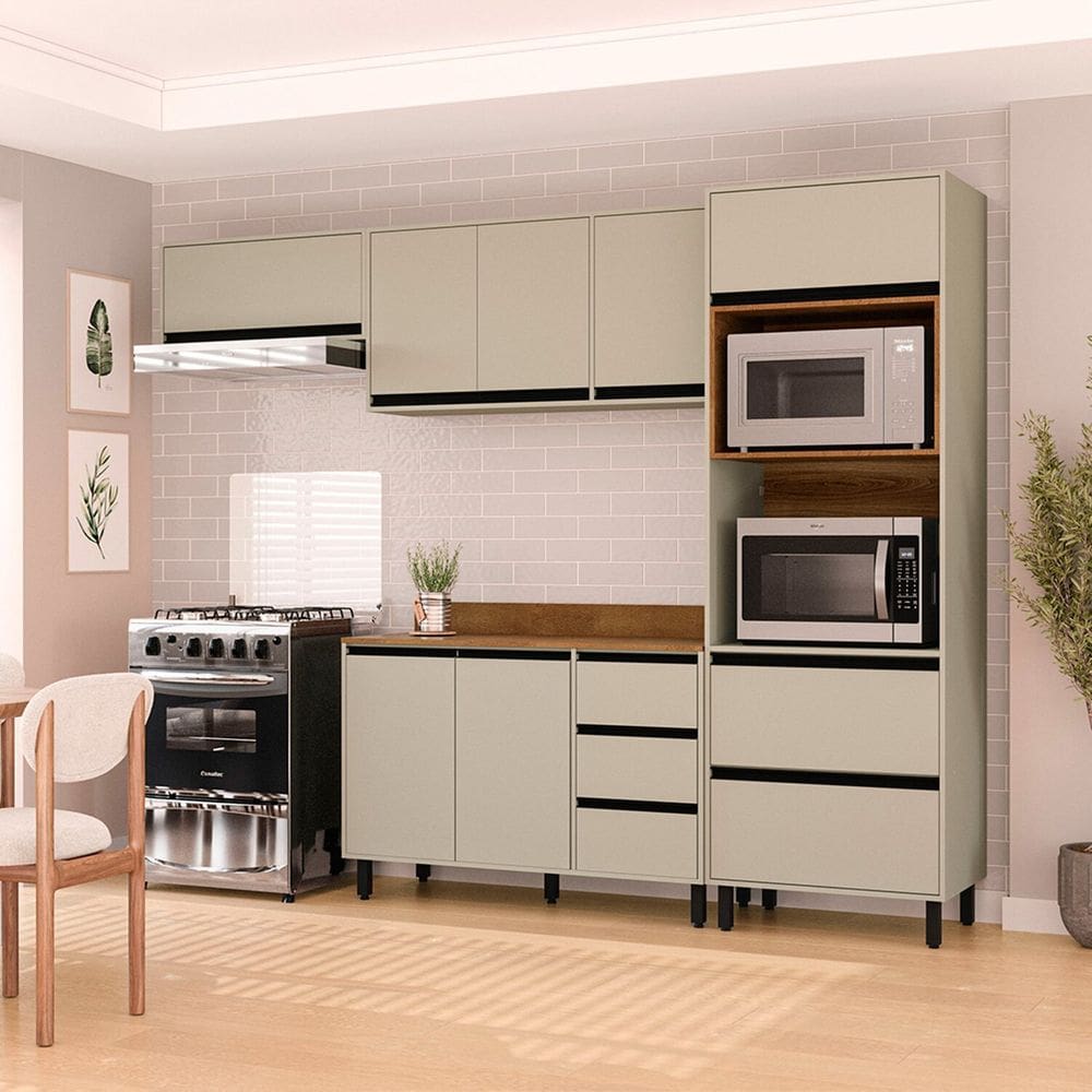 Cozinha 4 Peças Balcão 3 Gavetas 2 Portas Aéreo Basculante Torre Quente com Tampo Koya Branco/Verde Oliva