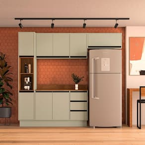 Cozinha 4 Peças Balcão 3 Gavetas 2 Portas Aéreo Basculante Paneleiro com Tampo Koya Branco/Verde Oliva