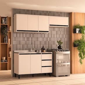 Cozinha 3 Peças Balcão 3 Gavetas 2 Portas Aéreo e Basculante sem Tampo Koya Branco/Creme