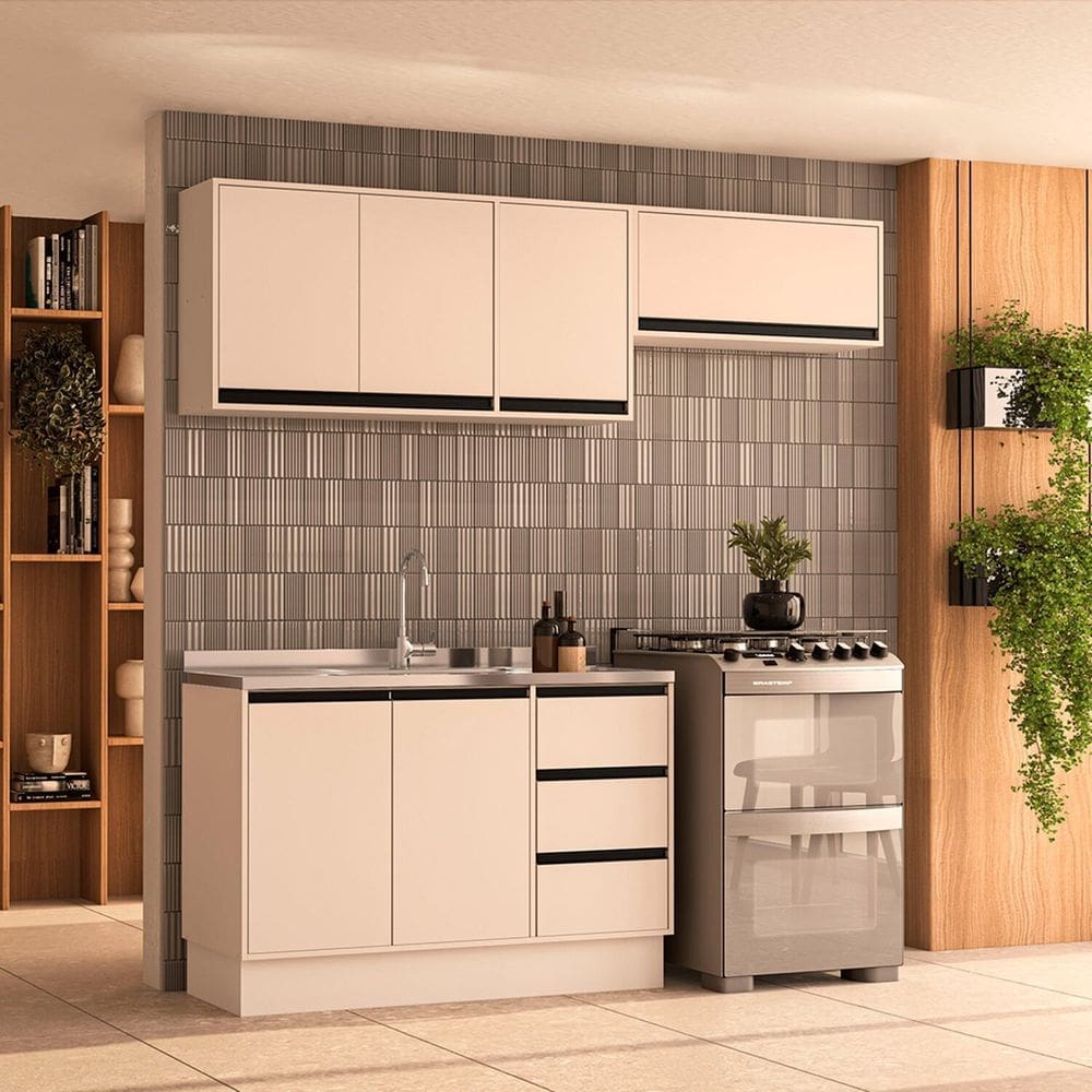 Cozinha 3 Peças Balcão 3 Gavetas 2 Portas Aéreo e Basculante sem Tampo Koya Branco/Creme