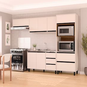 Cozinha 4 Peças Balcão 3 Gavetas 2 Portas Aéreo Basculante Torre Quente sem Tampo Koya Branco/Creme
