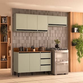 Cozinha 3 Peças Balcão 3 Gavetas 2 Portas Aéreo e Basculante com Tampo Koya Branco/Verde Oliva