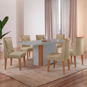 Mesa 180cm Tampo Mdf/vidro Canto Copo 6 Cadeiras Ester Naturalle/Off White