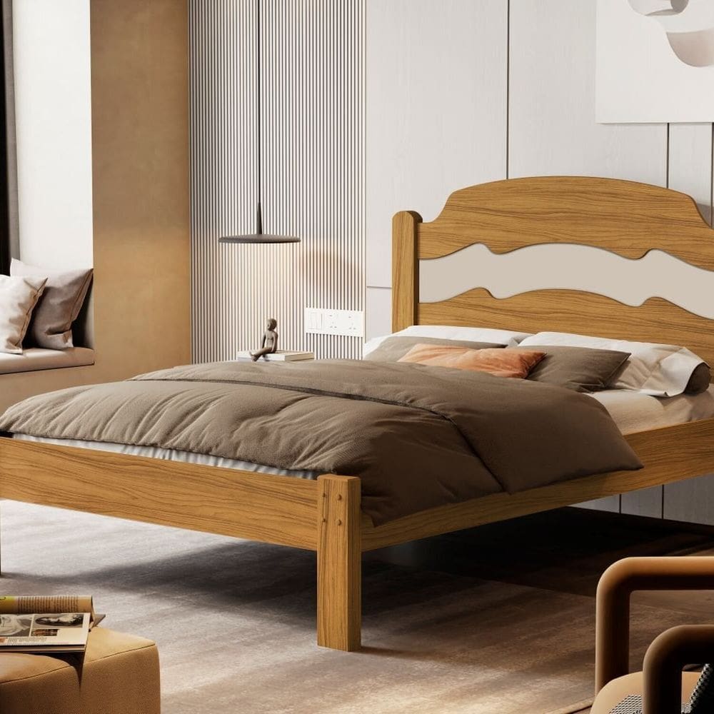Cama de Casal 100% Mdf 144cm X 195cm X 107cm Marrom/ Off White