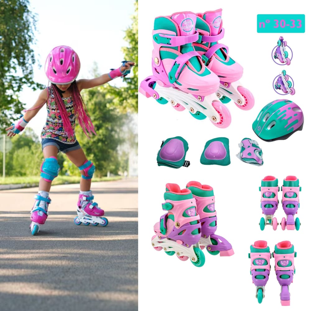 Kit Patins Infantil Completo com Acessórios de Segurança Criança Tam. 30-33 Menino Menina Azul E Rosa
