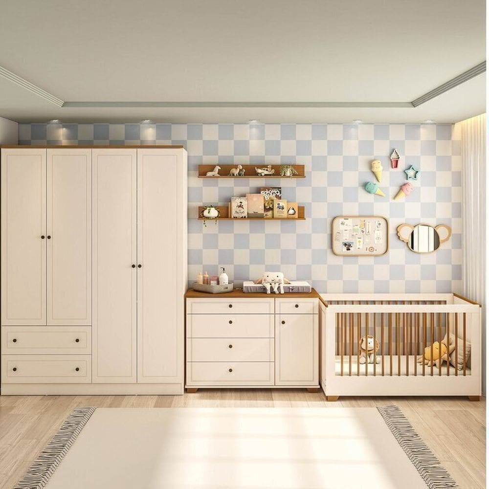 Quarto de Bebê Completo  1 Berço 1 Cômoda e 1 Guarda Roupa 4 portas Baby Ananda Casatema OffWhite/Mel