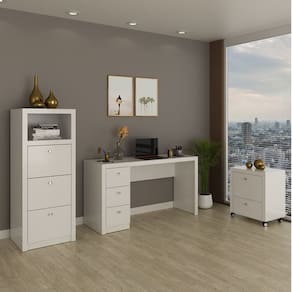 Kit para Escritório com 1 Armário 1 Gaveteiro e 1 Mesa de Canto Branco