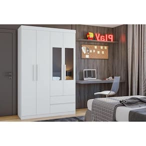 Guarda Roupa Solteiro 4 Portas e 2 Gavetas c/ Espelho Zeus Branco - Lopas