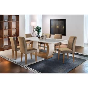 Sala de Jantar Completa Jade Tampo Madeirado c/ Vidro Canto Curvo 180x90cm e 6 Cadeiras Grécia Imbuia/Suede Capuccino - Rufato