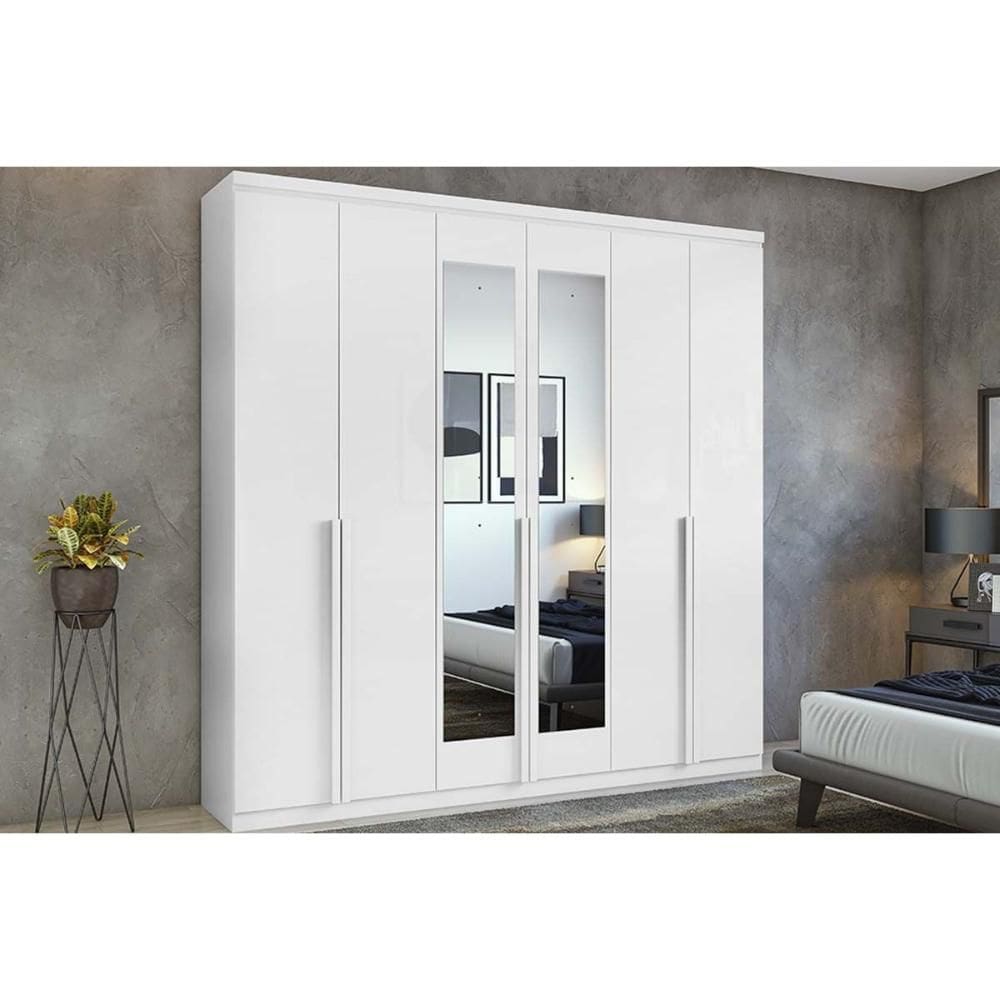 Guarda Roupa Casal 6 Portas (2 c/ Espelho) e 4 Gavetas Alonzo New Branco - Lopas
