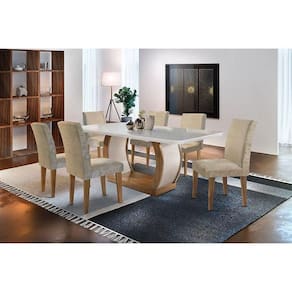 Sala de Jantar Completa Jade Tampo Madeirado c/ Vidro Canto Curvo 180x90cm e 6 Cadeiras Grécia Capuccino/Suede Capuccino - Rufato