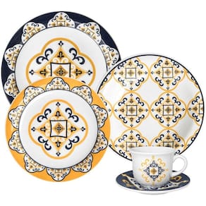 Jogo De Jantar 20 Pc Linha Luxo em Ceramica Alto Brilho Moscaics Flowers