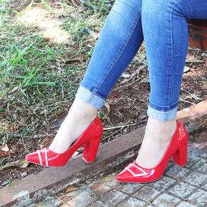 Scarpin Dravanna Salto Alto Bloco Fivela Vermelho