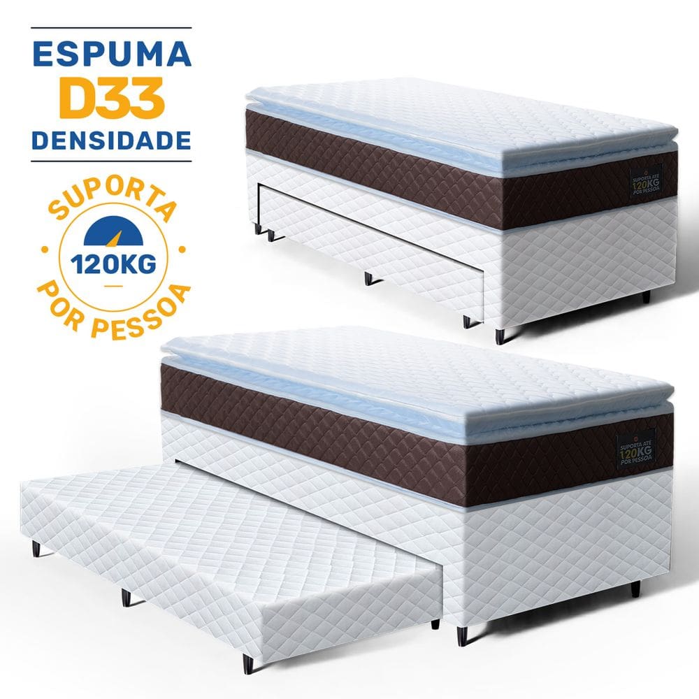 Cama Box com Colchao de Espuma D33 Pillow Top Comfort Luxo + Auxiliar de Espuma Unique Solteiro 88cm