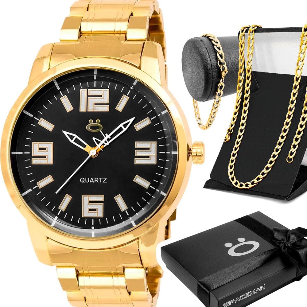 Relógio Masculino Aço Inox Dourado + Cordão + Pulseira + Caixa - Orizom Spaceman