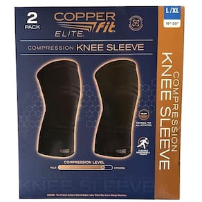 Manga de compressão de joelho, pacote com 2 unidades, Copper Fit Elite Black