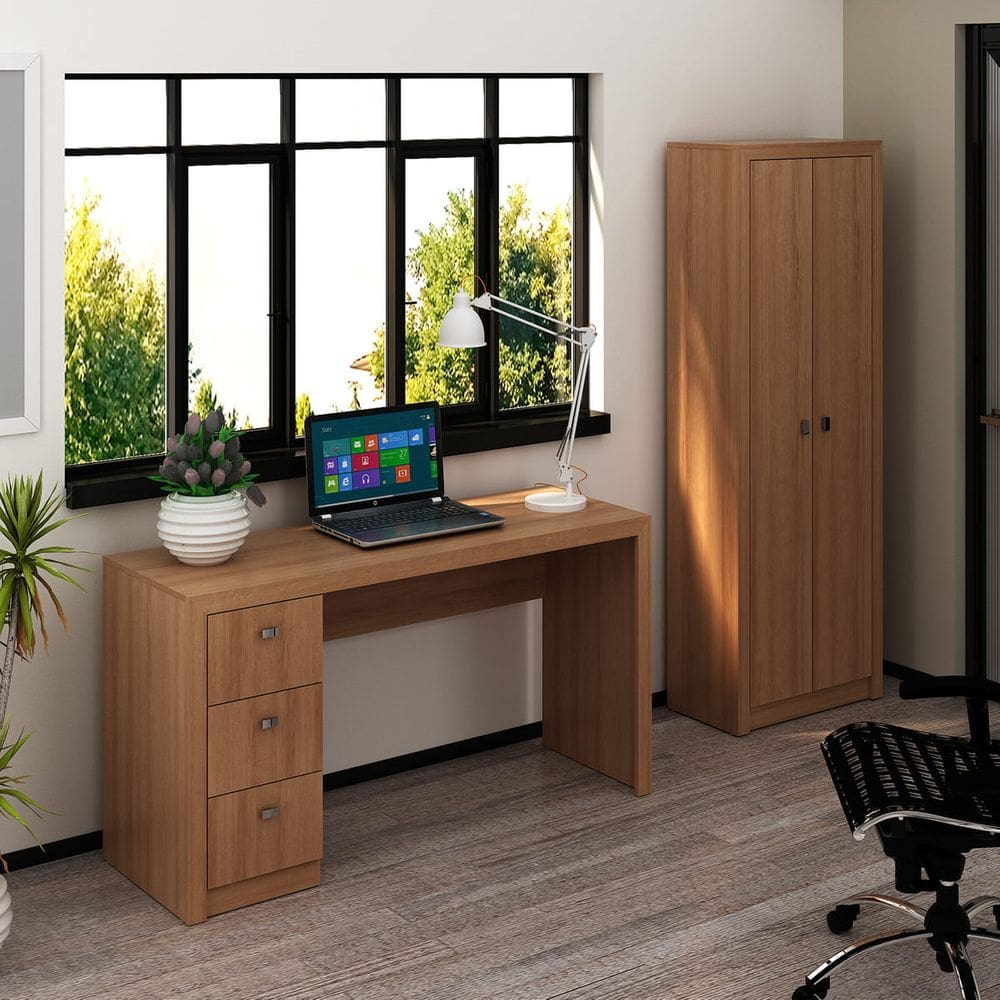 Kit Mesa Escritório com Armário Multiuso 2 Portas 2 Peças Amêndoa