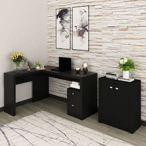 Mesa Escritório com Armário 2 Portas 2 Gavetas Preto
