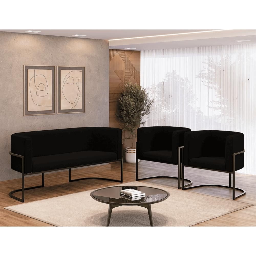 Sofá 2 Lugares e 2 Poltronas Lua Suede com Base Metal Black