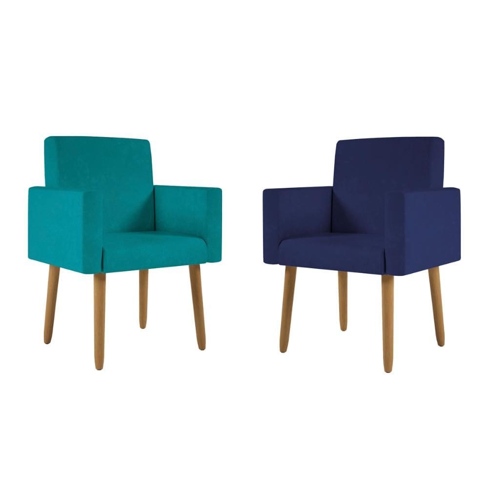 Kit 2 Poltronas Pés Palito Nina Suede Azul Marinho e Turquesa