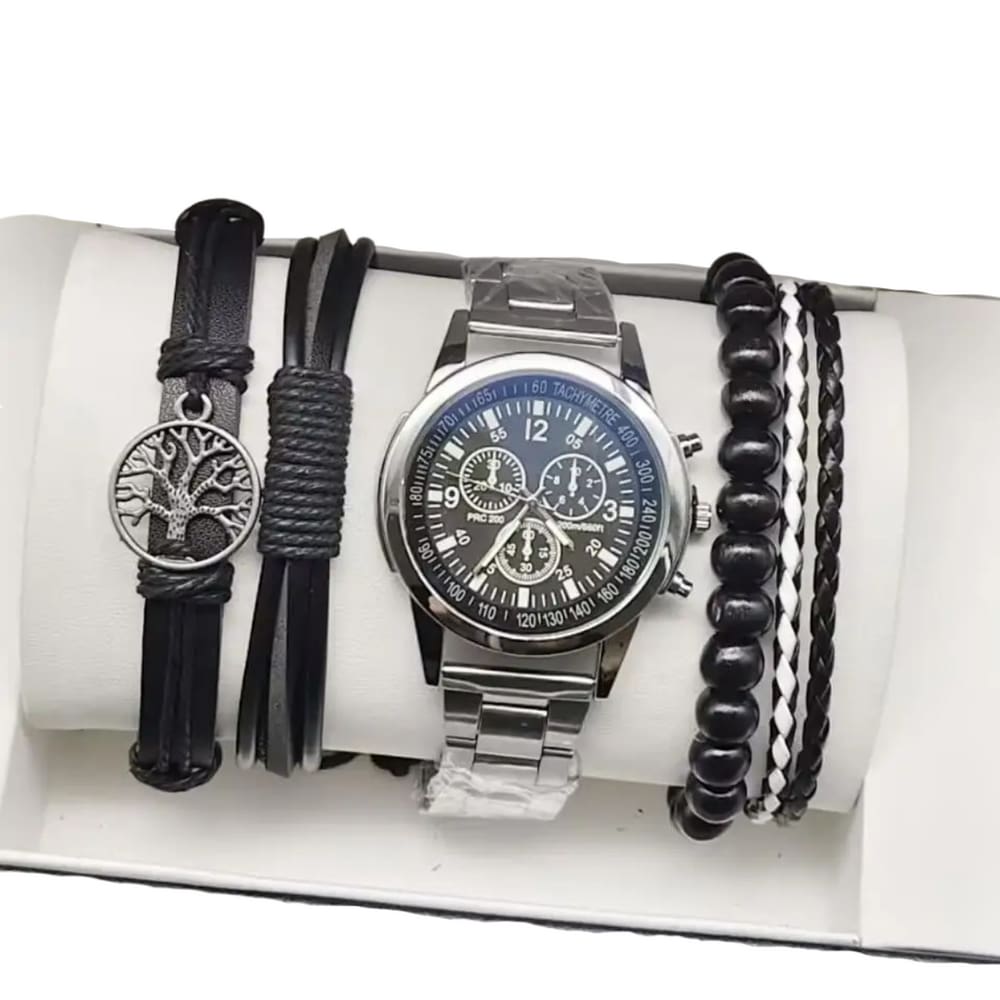 Relógio Masculino Cinza Casual Alfa + Kit de Pulseiras
