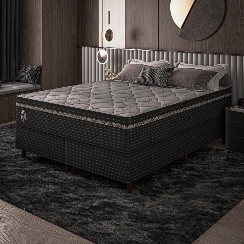 Cama Box Queen Preto E Colchão Queen Molas Ensacadas Individualmente Euro Pillow 158x198x71 Extra Sleep Umaflex