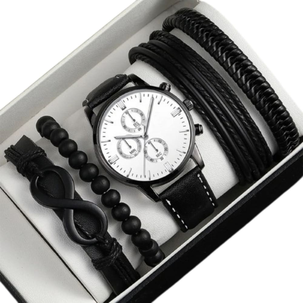 Relógio Masculino Preto Couro Alfa + Kit Acessórios Pulseiras