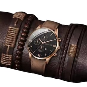 Relógio Masculino Marrom Couro Geneva + Kit Pulseiras