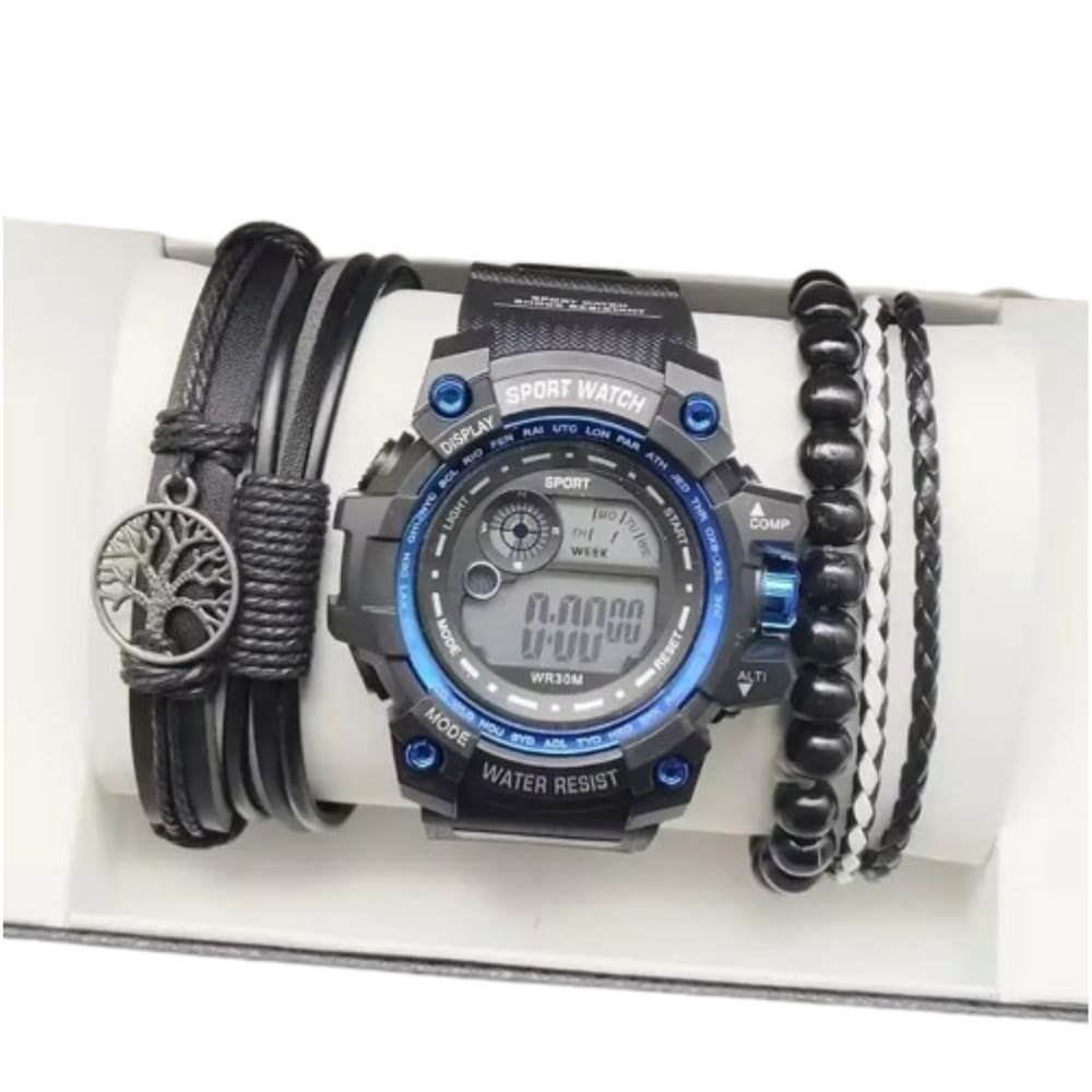 Relógio Masculino Esportivo Preto Azul + Kit Pulseiras