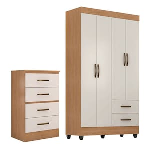 Kit Guarda-Roupa Solteiro 4 Portas e Cômoda 4 Gavetas Lisa