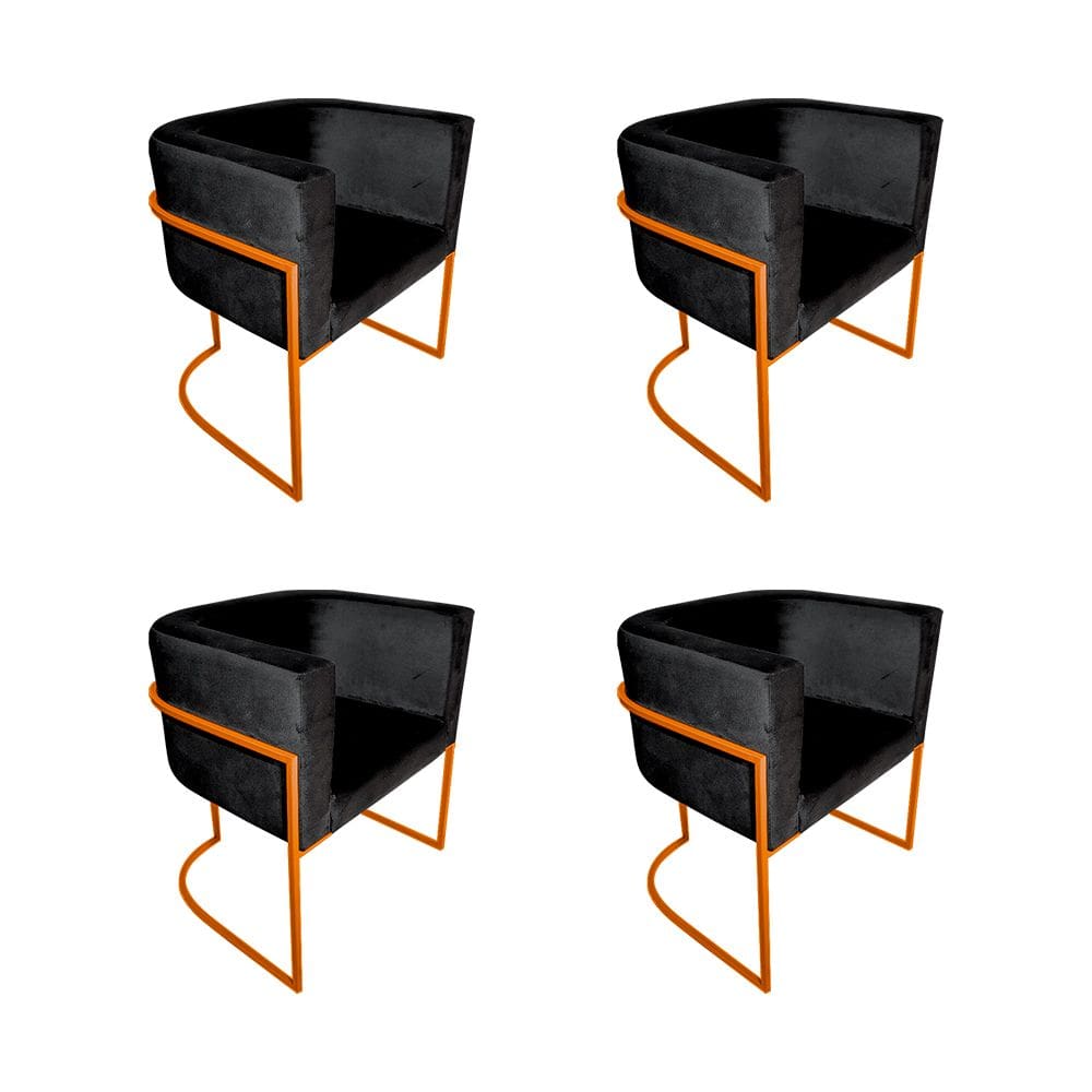 Kit 4 Poltronas Decorativa Sala de Estar Base de Ferro Cobre Veludo Preto