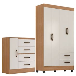 Kit Guarda-Roupa Solteiro 4 Portas com Cômoda Sapateira Lisa