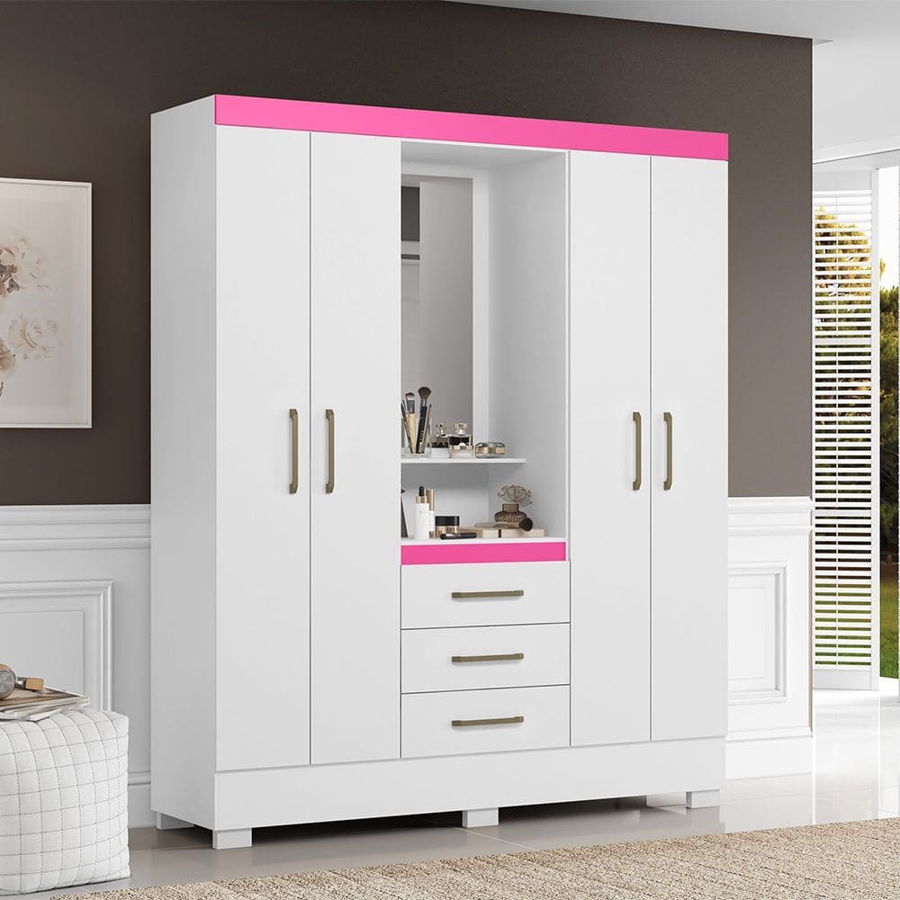 Guarda Roupa Roupeiro Paris Branco Rosa Flex Aramóveis